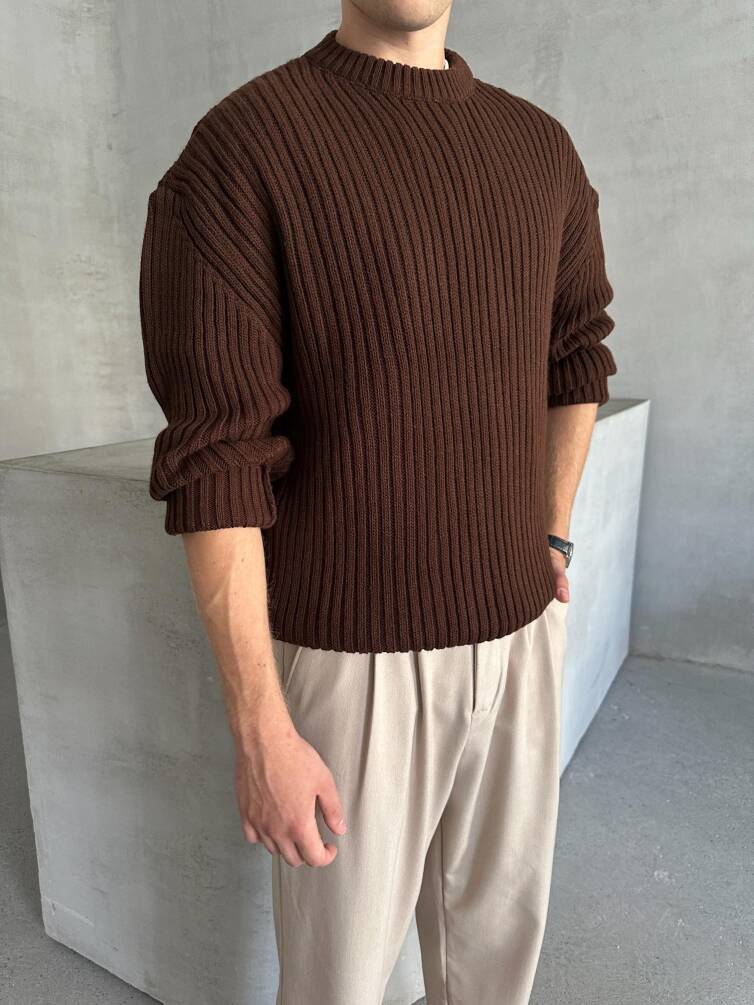 Erkek Fitilli Örme Oversize Kazak Kahverengi - 3
