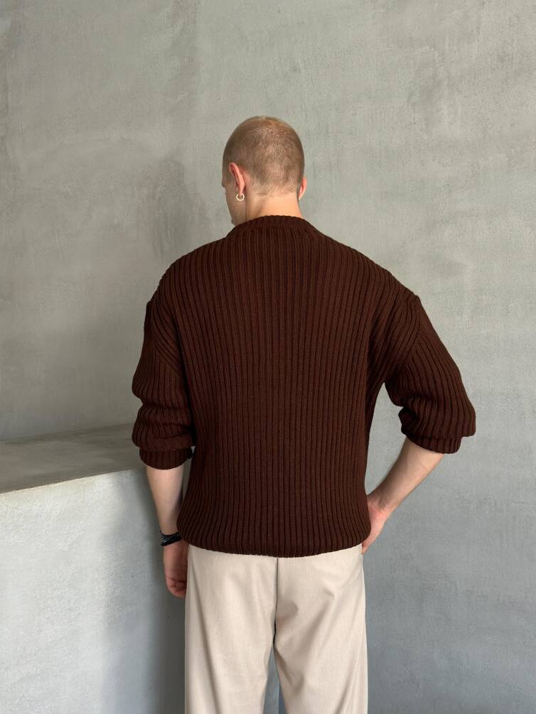 Erkek Fitilli Örme Oversize Kazak Kahverengi - 4