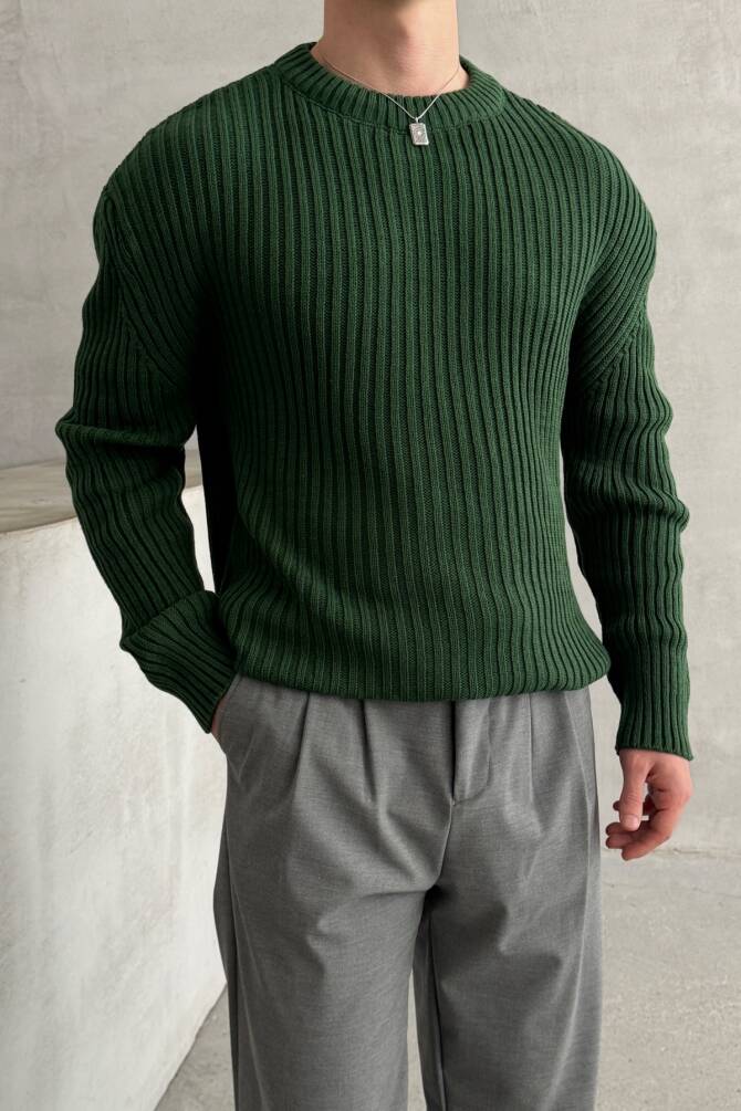 Erkek Fitilli Örme Oversize Kazak Koyu Yeşil - 1