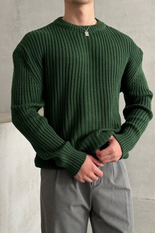 Erkek Fitilli Örme Oversize Kazak Koyu Yeşil - 2