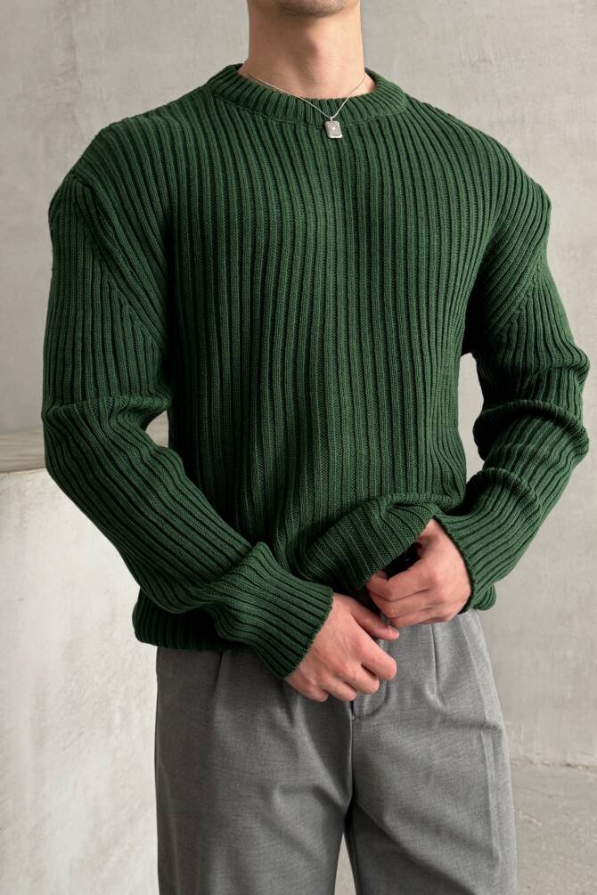 Erkek Fitilli Örme Oversize Kazak Koyu Yeşil - 2