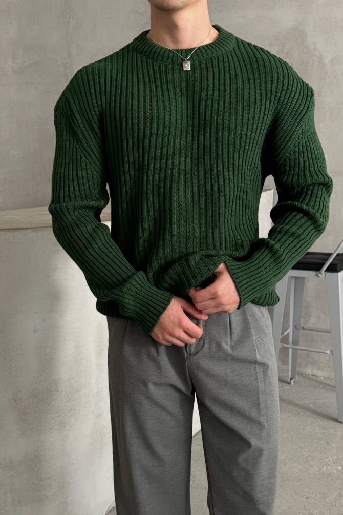 Erkek Fitilli Örme Oversize Kazak Koyu Yeşil - 3