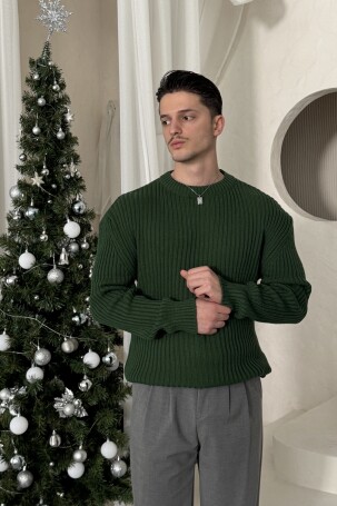 Erkek Fitilli Örme Oversize Kazak Koyu Yeşil - 4