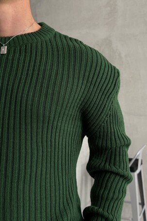 Erkek Fitilli Örme Oversize Kazak Koyu Yeşil - 5