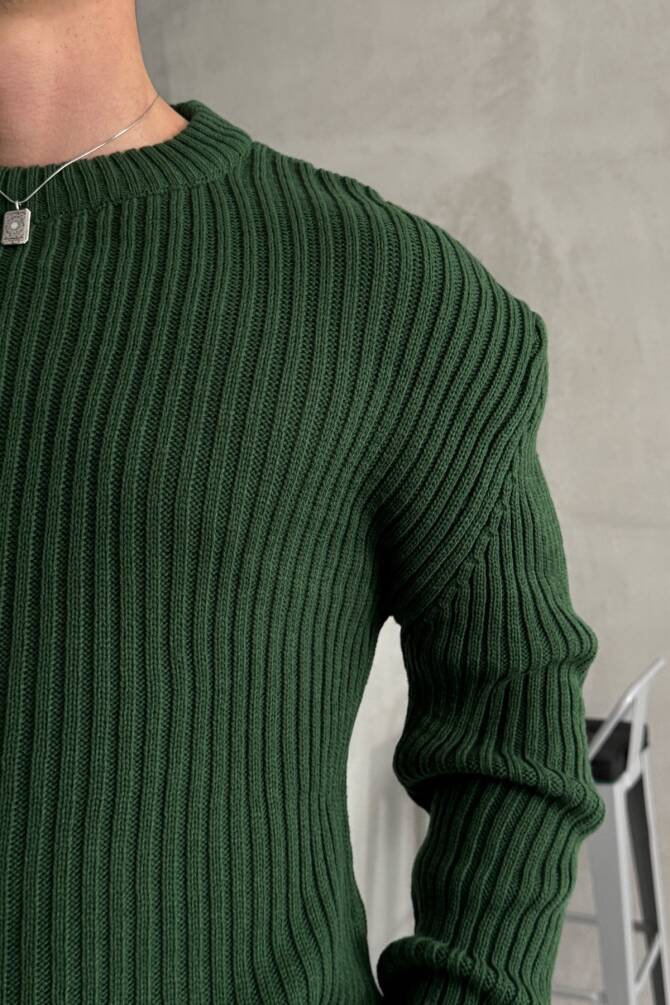 Erkek Fitilli Örme Oversize Kazak Koyu Yeşil - 5
