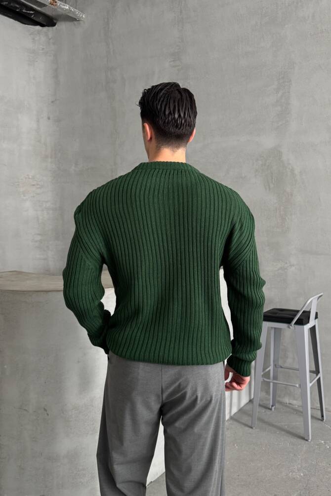 Erkek Fitilli Örme Oversize Kazak Koyu Yeşil - 6