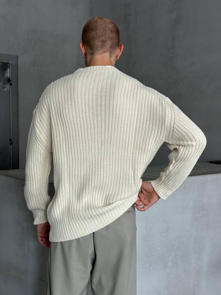 Erkek Fitilli Örme Oversize Kazak Krem - 5