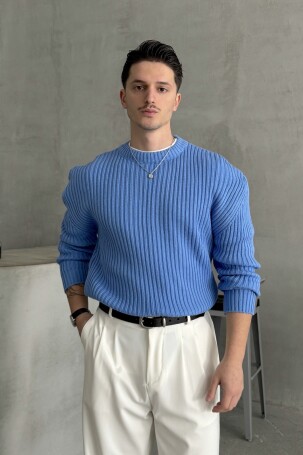 Erkek Fitilli Örme Oversize Kazak Mavi - 3