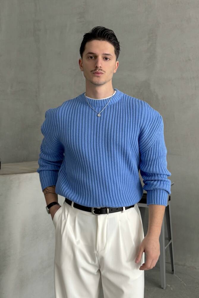 Erkek Fitilli Örme Oversize Kazak Mavi - 3