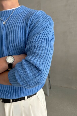 Erkek Fitilli Örme Oversize Kazak Mavi - 4