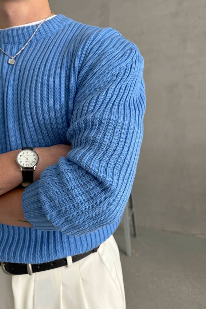 Erkek Fitilli Örme Oversize Kazak Mavi - 4