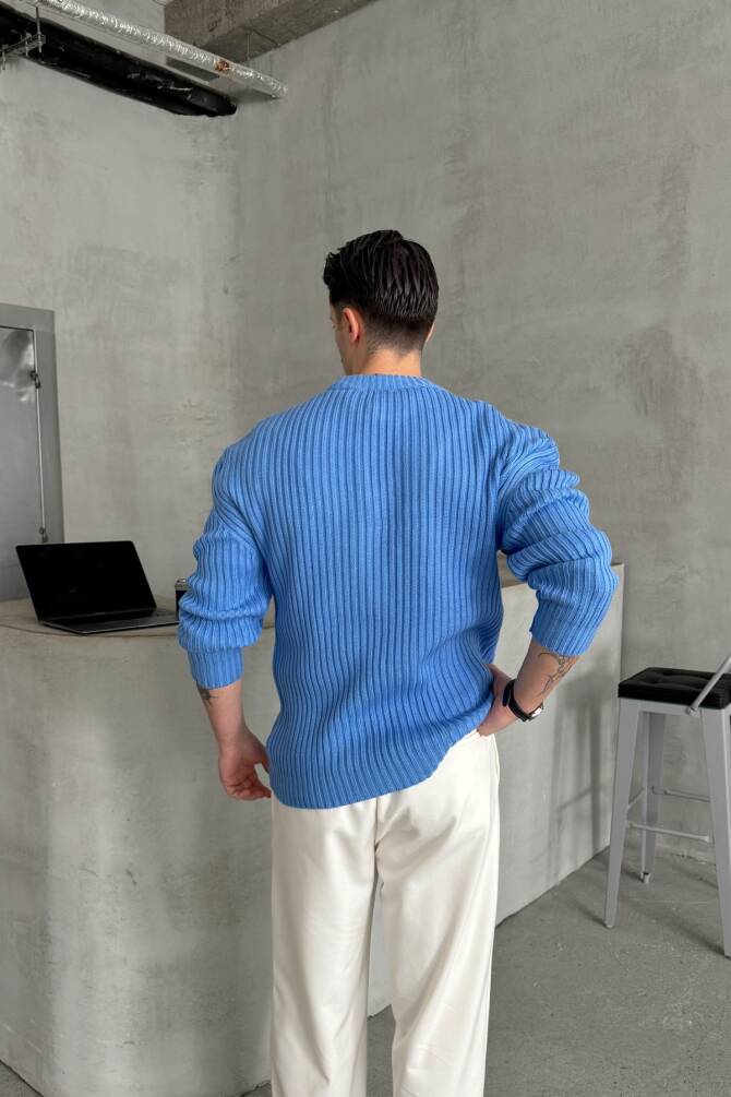 Erkek Fitilli Örme Oversize Kazak Mavi - 5