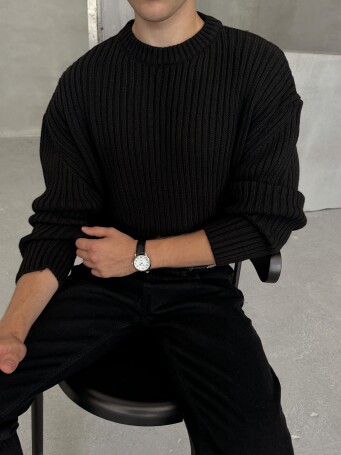 Erkek Fitilli Örme Oversize Kazak Siyah 