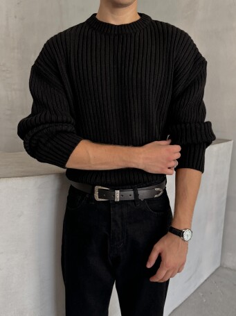 Erkek Fitilli Örme Oversize Kazak Siyah - 3