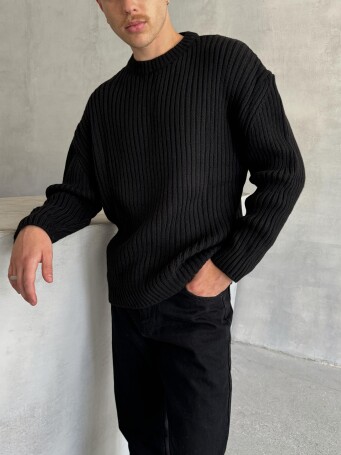 Erkek Fitilli Örme Oversize Kazak Siyah - 4