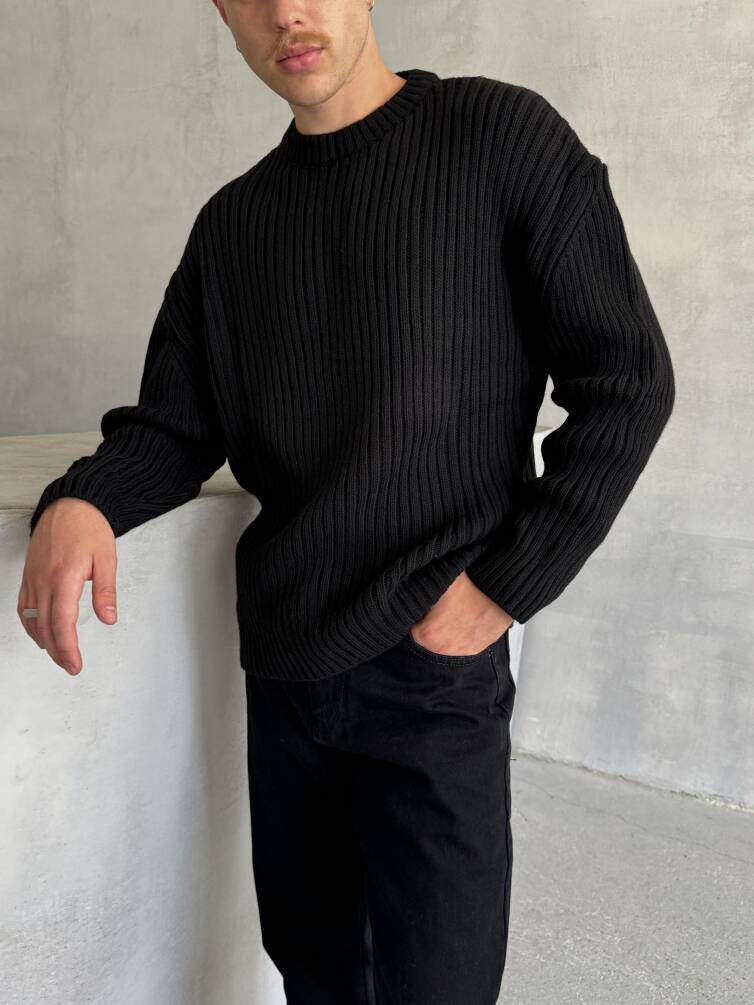 Erkek Fitilli Örme Oversize Kazak Siyah - 4