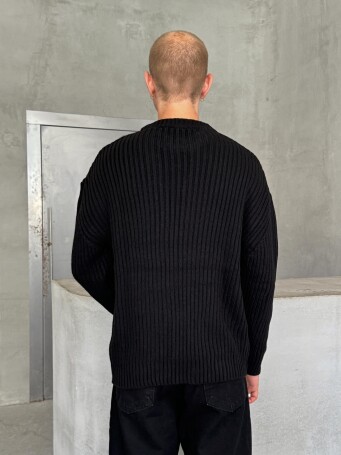 Erkek Fitilli Örme Oversize Kazak Siyah - 5