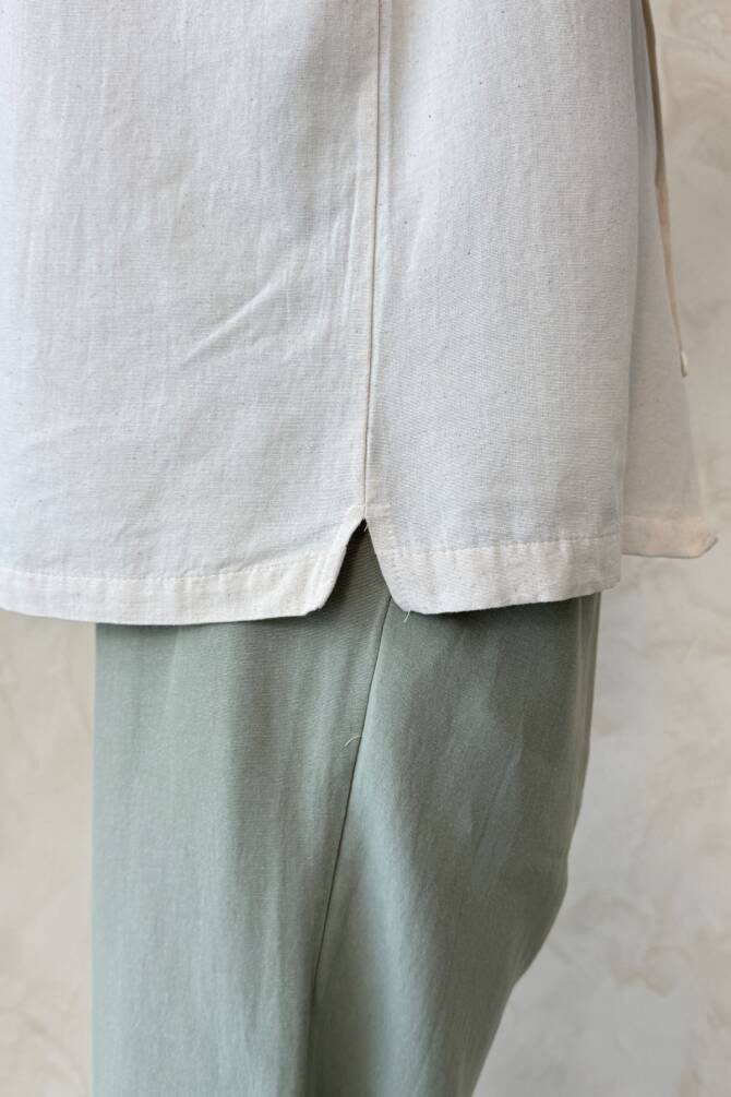 Erkek Oversize Apaş Yaka Kısa Kollu Keten Gömlek Bej - 5