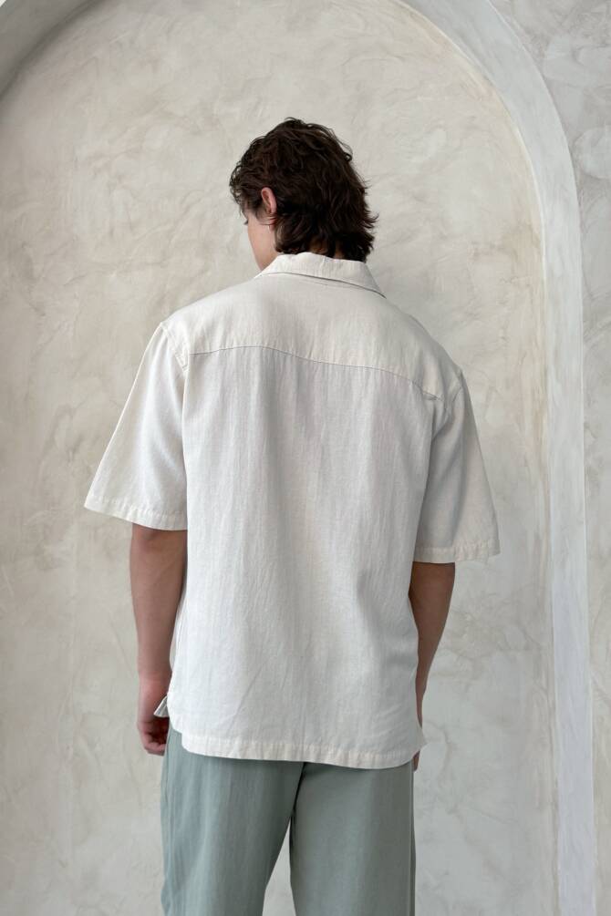 Erkek Oversize Apaş Yaka Kısa Kollu Keten Gömlek Bej - 6