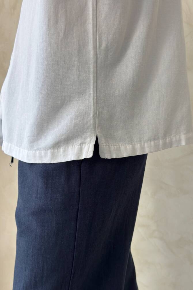 Erkek Oversize Apaş Yaka Kısa Kollu Keten Gömlek Beyaz - 5