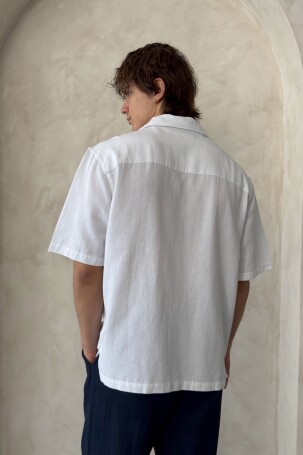 Erkek Oversize Apaş Yaka Kısa Kollu Keten Gömlek Beyaz - 6