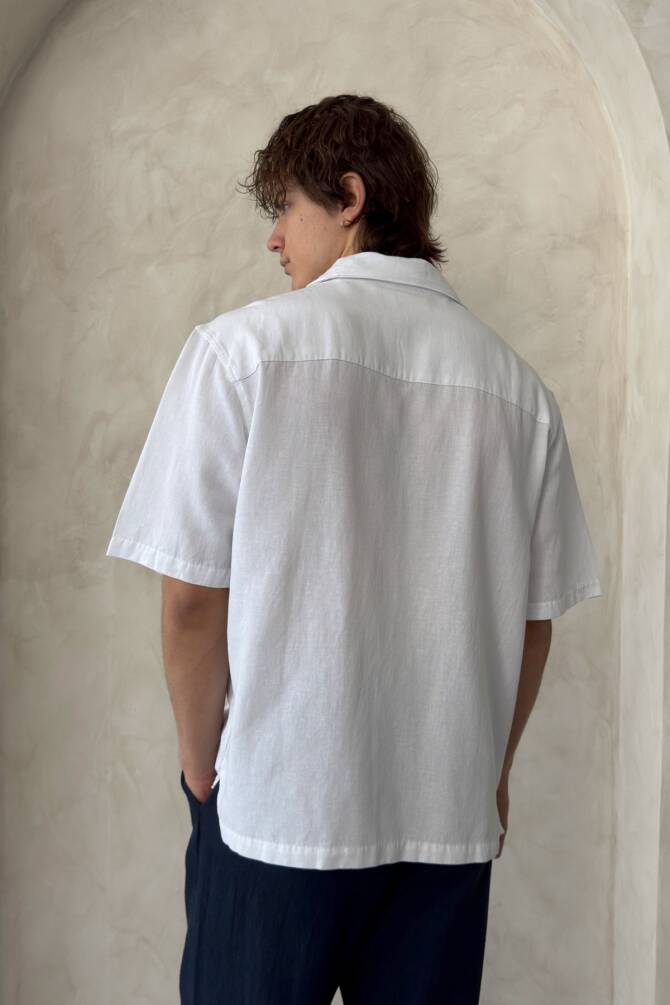 Erkek Oversize Apaş Yaka Kısa Kollu Keten Gömlek Beyaz - 6