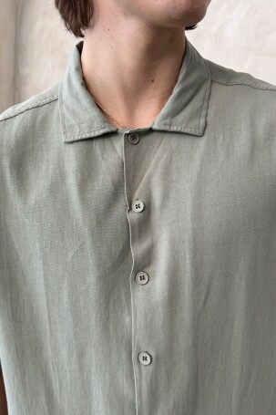 Erkek Oversize Apaş Yaka Kısa Kollu Keten Gömlek Haki - 5