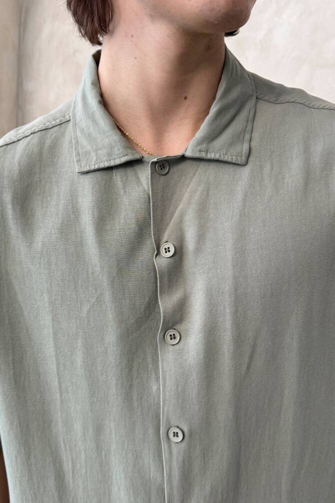 Erkek Oversize Apaş Yaka Kısa Kollu Keten Gömlek Haki - 5