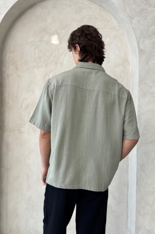 Erkek Oversize Apaş Yaka Kısa Kollu Keten Gömlek Haki - 8