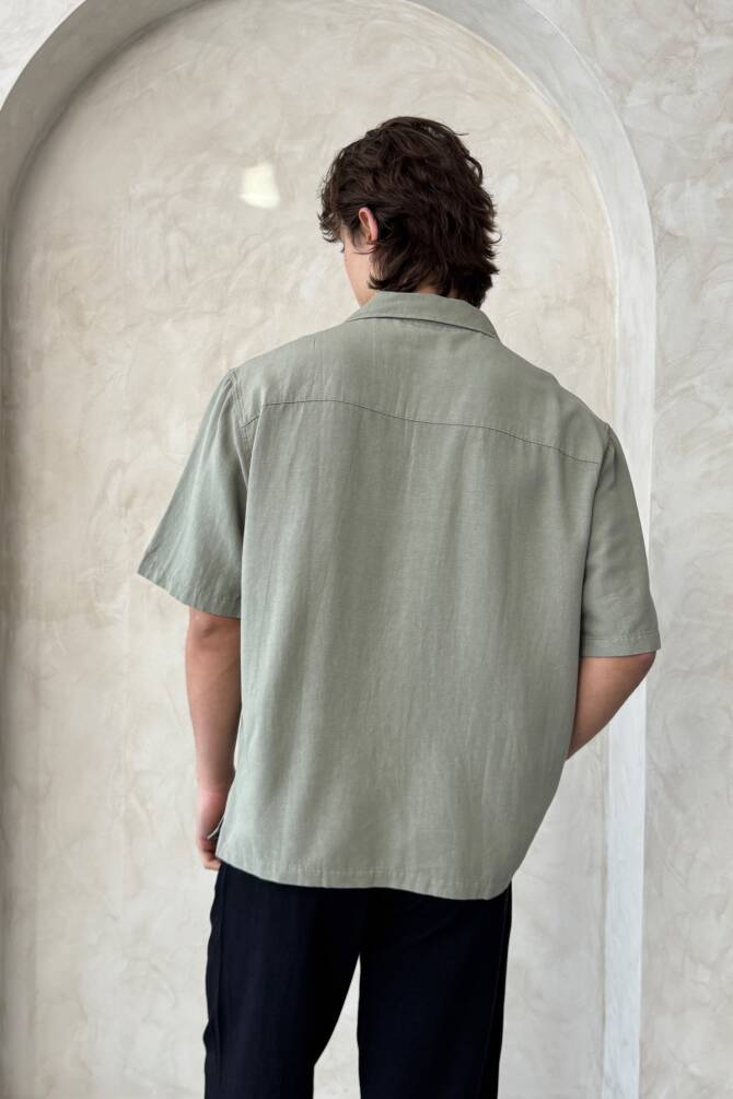 Erkek Oversize Apaş Yaka Kısa Kollu Keten Gömlek Haki - 8