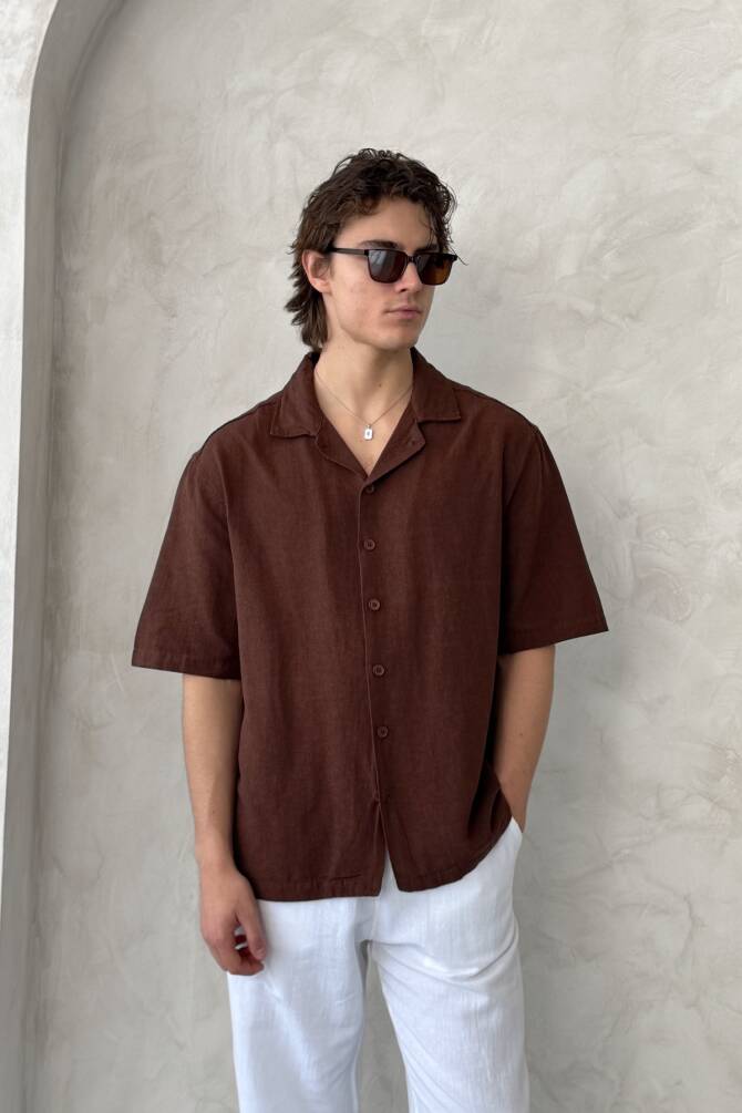 Erkek Oversize Apaş Yaka Kısa Kollu Keten Gömlek Kahverengi - 3