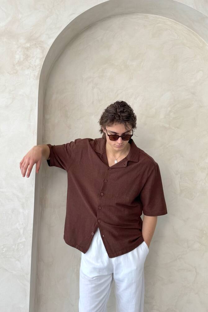 Erkek Oversize Apaş Yaka Kısa Kollu Keten Gömlek Kahverengi - 6