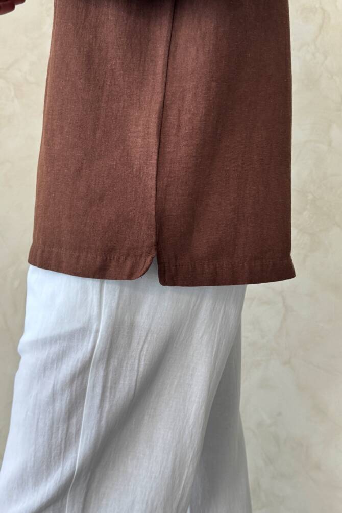 Erkek Oversize Apaş Yaka Kısa Kollu Keten Gömlek Kahverengi - 7