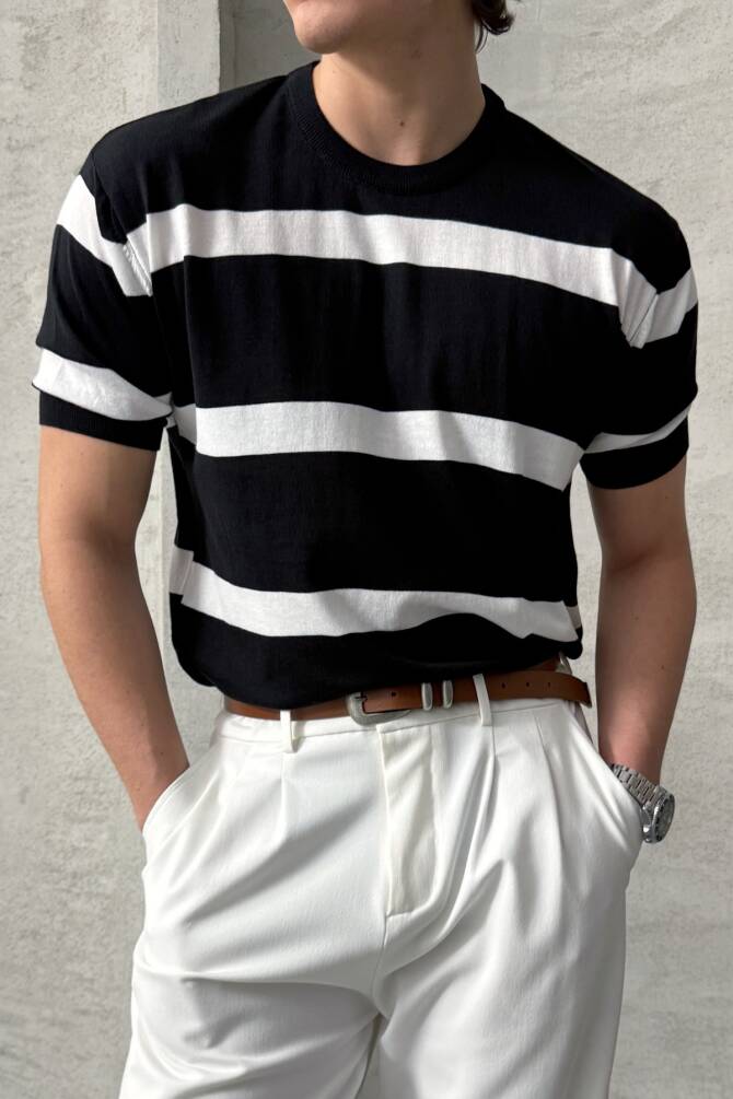 Erkek Oversize Bisiklet Yaka Çizgili Triko T-Shirt Siyah - 1