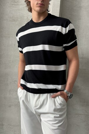 Erkek Oversize Bisiklet Yaka Çizgili Triko T-Shirt Siyah - 2