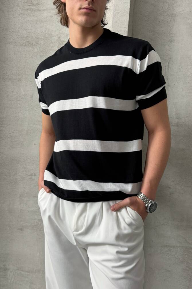 Erkek Oversize Bisiklet Yaka Çizgili Triko T-Shirt Siyah - 2
