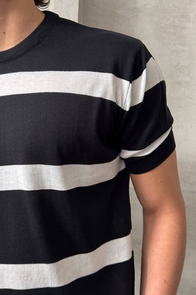 Erkek Oversize Bisiklet Yaka Çizgili Triko T-Shirt Siyah - 3