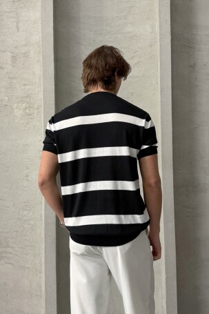 Erkek Oversize Bisiklet Yaka Çizgili Triko T-Shirt Siyah - 4