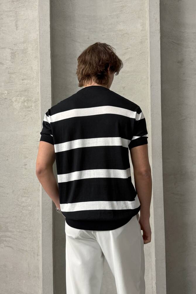 Erkek Oversize Bisiklet Yaka Çizgili Triko T-Shirt Siyah - 4