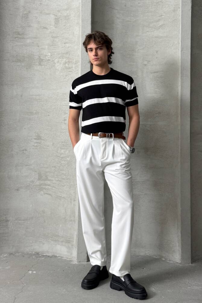 Erkek Oversize Bisiklet Yaka Çizgili Triko T-Shirt Siyah - 5