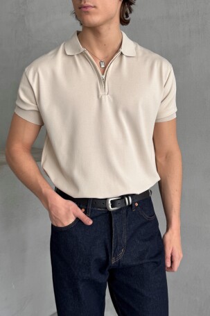 Erkek Oversize Fermuarlı Polo Yaka Triko T-Shirt Bej - 1