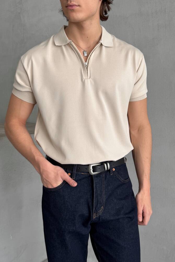 Erkek Oversize Fermuarlı Polo Yaka Triko T-Shirt Bej - 1