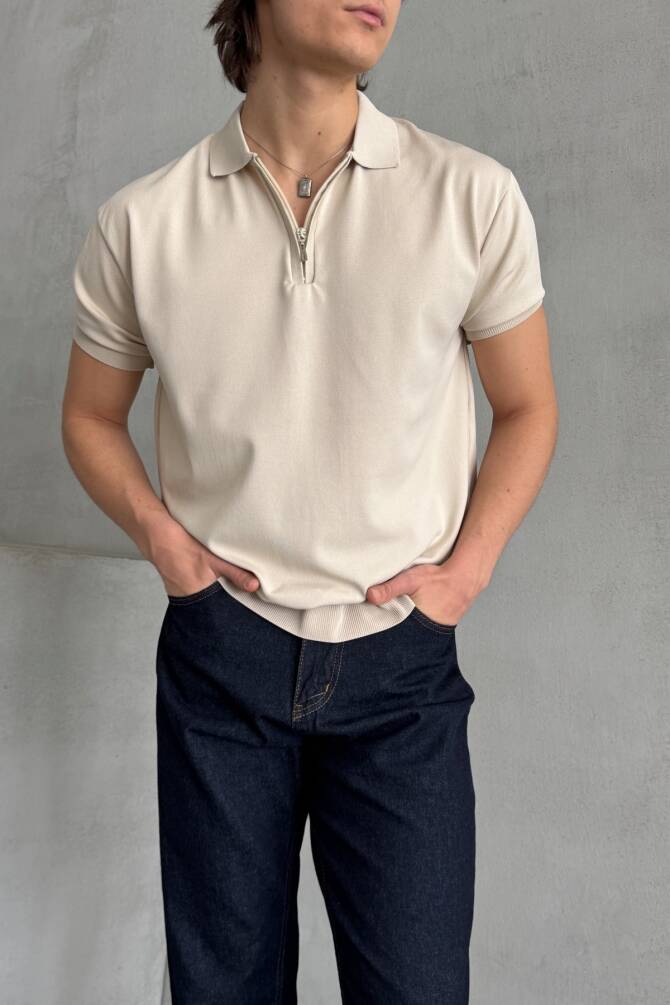 Erkek Oversize Fermuarlı Polo Yaka Triko T-Shirt Bej - 2