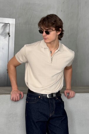 Erkek Oversize Fermuarlı Polo Yaka Triko T-Shirt Bej - 3