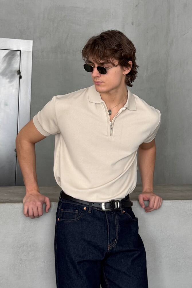 Erkek Oversize Fermuarlı Polo Yaka Triko T-Shirt Bej - 3