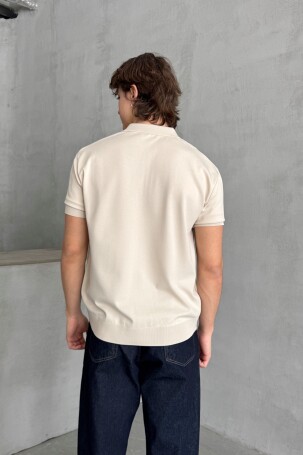 Erkek Oversize Fermuarlı Polo Yaka Triko T-Shirt Bej - 5