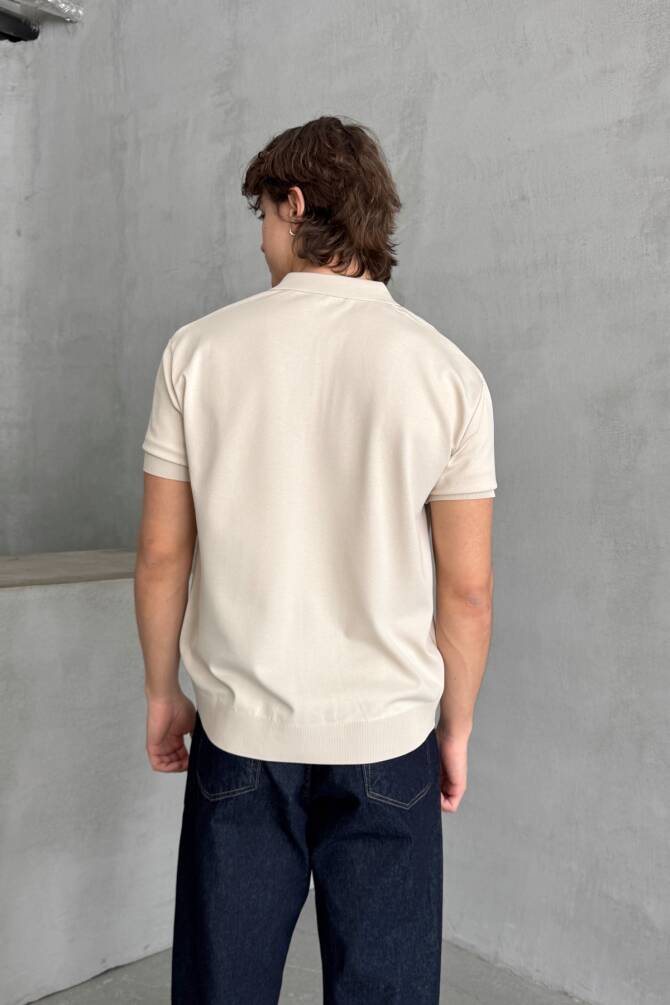 Erkek Oversize Fermuarlı Polo Yaka Triko T-Shirt Bej - 5