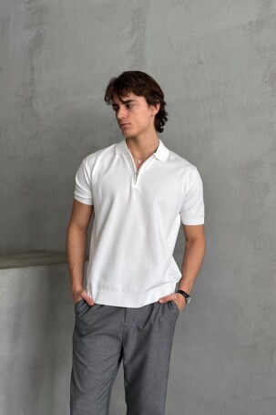 Erkek Oversize Fermuarlı Polo Yaka Triko T-Shirt Beyaz - 2