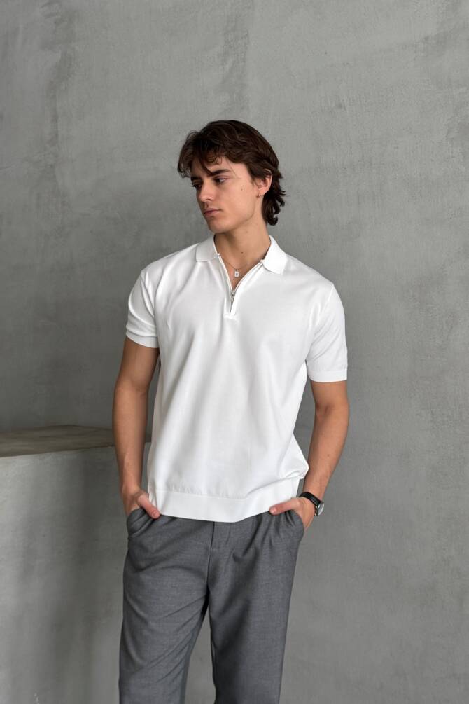 Erkek Oversize Fermuarlı Polo Yaka Triko T-Shirt Beyaz - 2