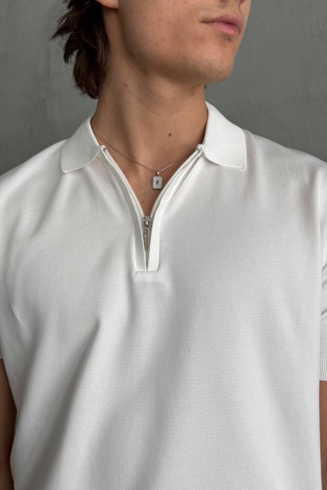 Erkek Oversize Fermuarlı Polo Yaka Triko T-Shirt Beyaz - 3